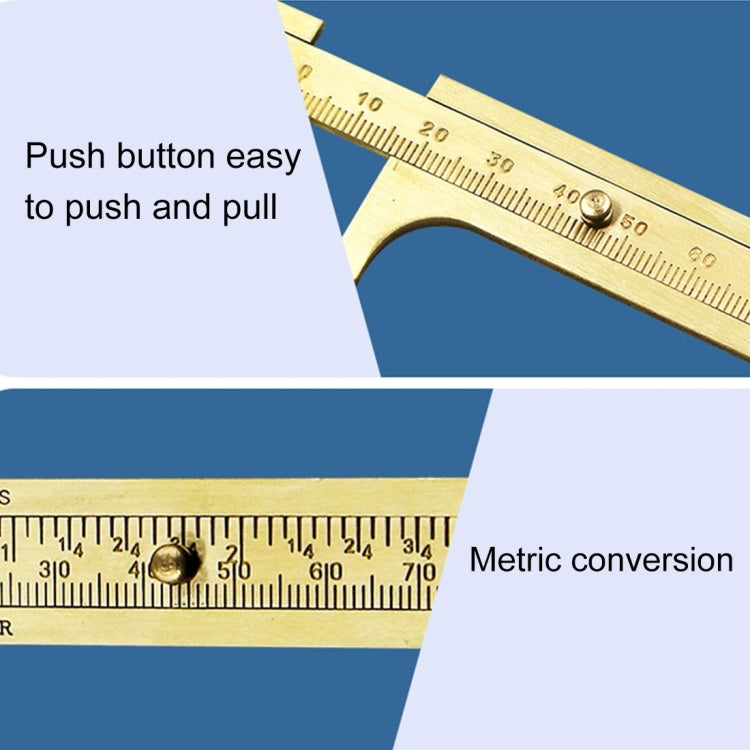 Brass sliding vernier caliper with push button and dual measurement scales