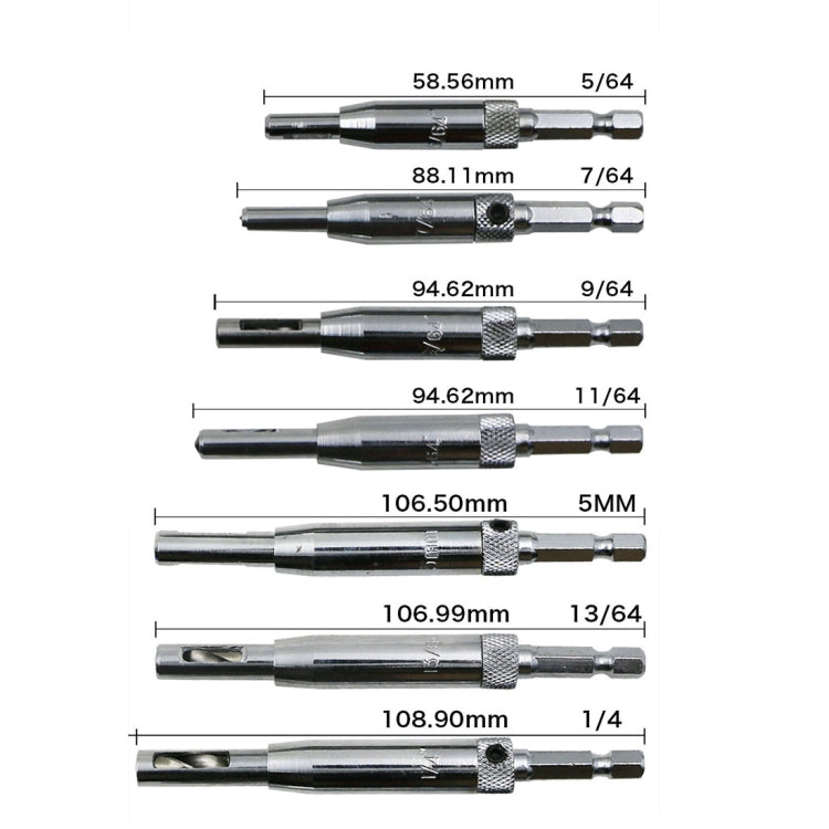 7-piece drill bit set with size chart showing lengths from 5/64 to 1/4 inch