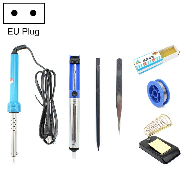Soldering iron tool set with EU plug, blue handle, cord, and metal tip tools