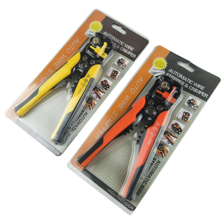 Blister pack of automatic wire crimper and stripper pliers, yellow and orange