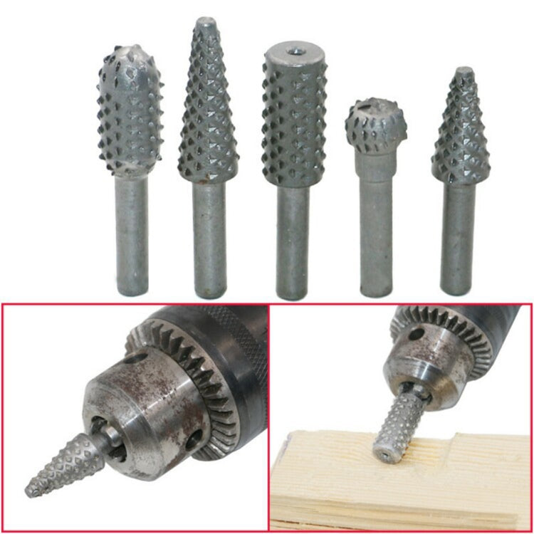 5 PCS/Set Woodworking Wood Carving 6mm Shank Rotating Embossed Grinding Head File Rasp Drill Bits, 5 PCS/Set Drill Bits