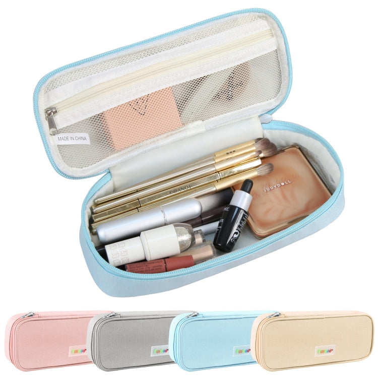 Light blue zippered pencil case with mesh front pocket, open to show makeup tools inside