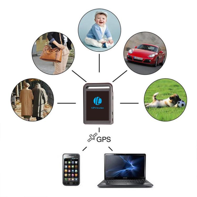 GPS tracker device with GPS icon and connected app, laptop, and activity icons
