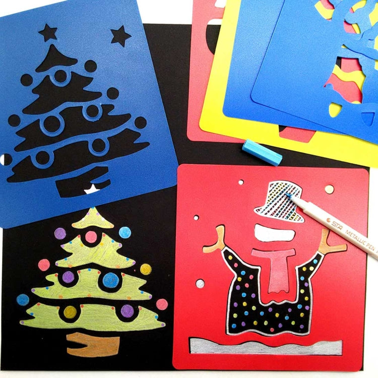 Children's plastic painting stencils with blue Christmas tree sheet and red character design