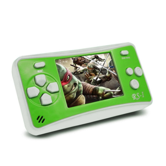 Green retro handheld game console angled view with LCD screen and side buttons