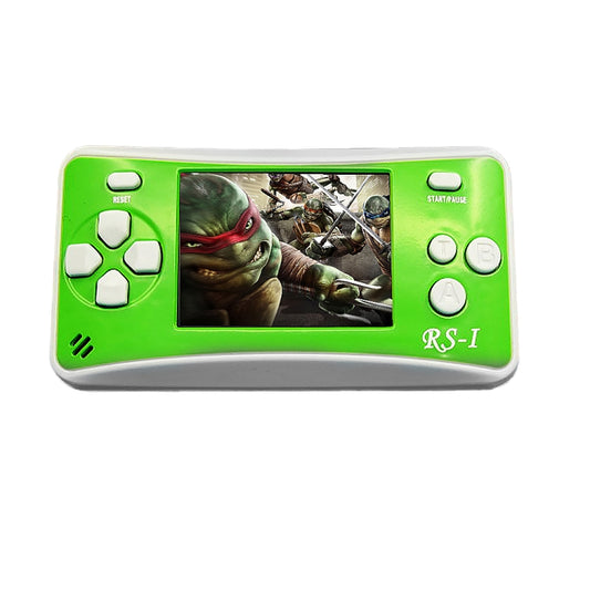 Green retro handheld game console with LCD screen, D-pad, and start/pause buttons