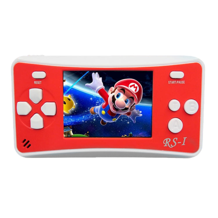Red portable handheld game console with 2.5-inch LCD, D-pad, and start/pause buttons