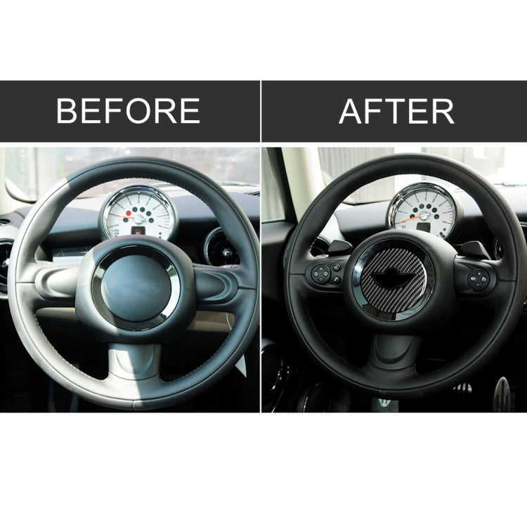 Steering wheel with carbon-fiber MINI wing logo sticker, before-and-after view