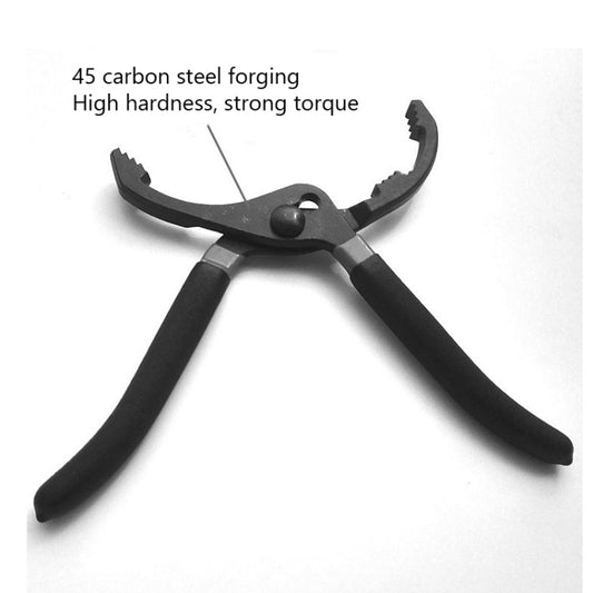 Oil filter wrench pliers with arched jaws and central pivot pin, 45 carbon steel