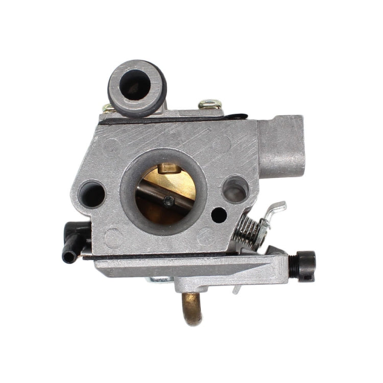 Chainsaw carburetor with round air intake, throttle shaft, and spring adjustment