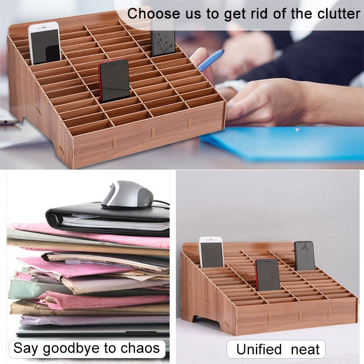 Brown wooden phone display rack with 14 grid compartments, neatly organizes devices