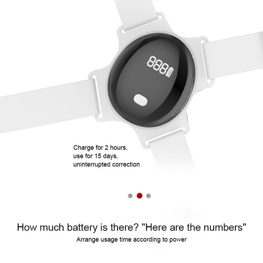 Close-up of grey posture correction strap sensor module with glowing display