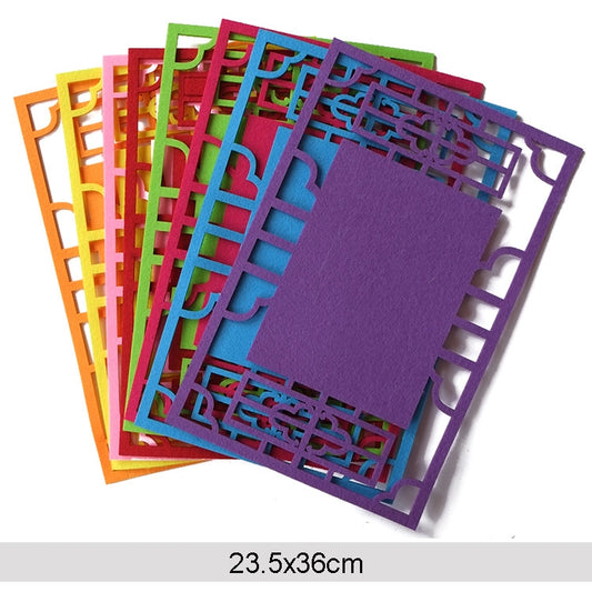 Set of colorful non-woven decorative pads stacked, with lattice borders and patterned trims.