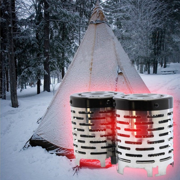 Mini stainless heater cover with glowing red interior on camping stove in snowy outdoor setting