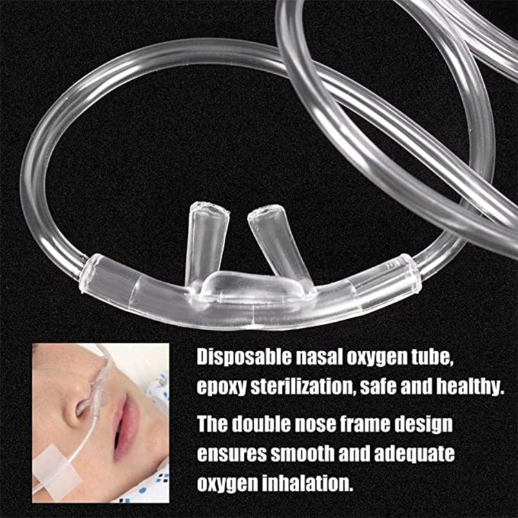 Disposable double-hole nasal oxygen tube close-up, clear double prongs on tubing