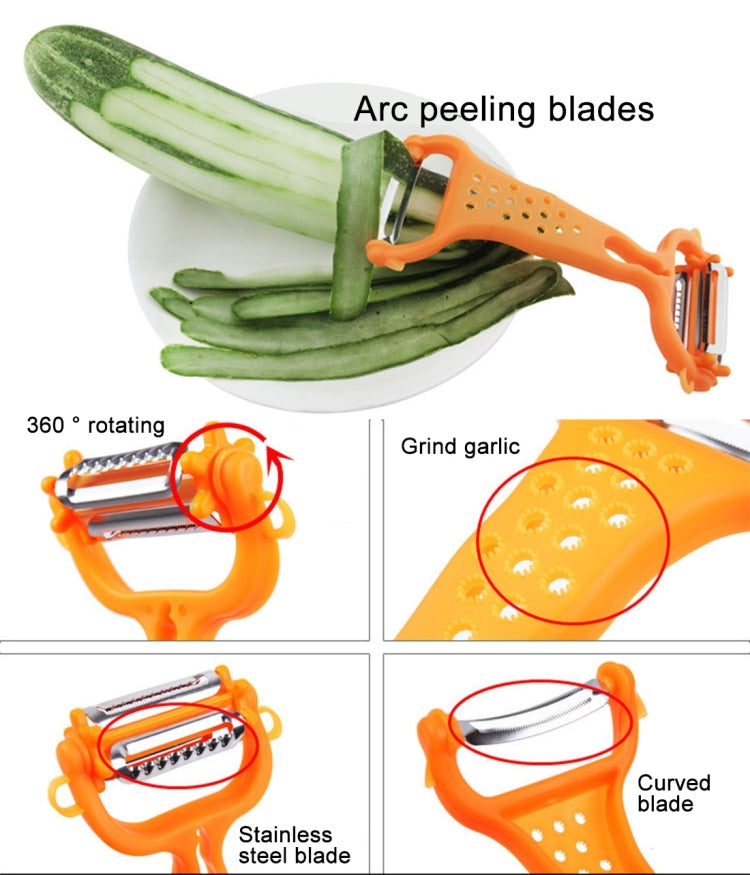 Orange rotating vegetable peeler with curved arc blades and perforated grip