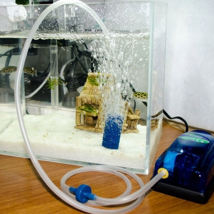 Aquarium air pump connected with airline tubing to a fish tank