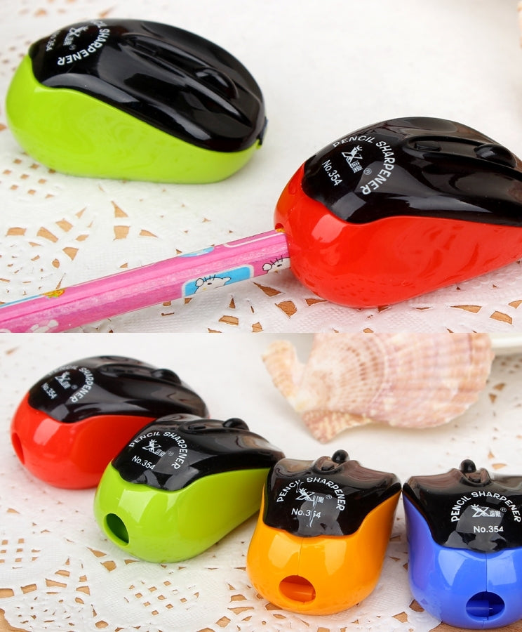 Mouse-style pencil sharpener set with mixed colors, black oval heads and round bodies