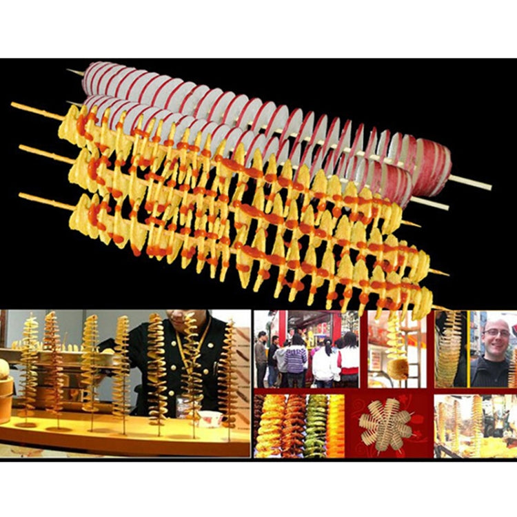 Spiral tornado potato chips on skewers made with a manual spiral slicer