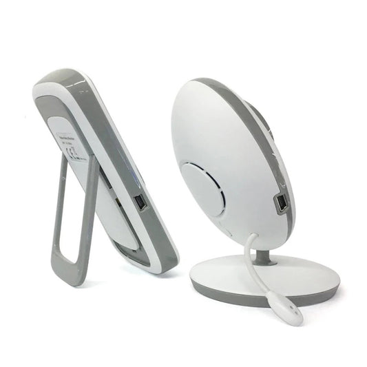 White wireless surveillance baby monitor camera with pedestal base; handheld unit shown