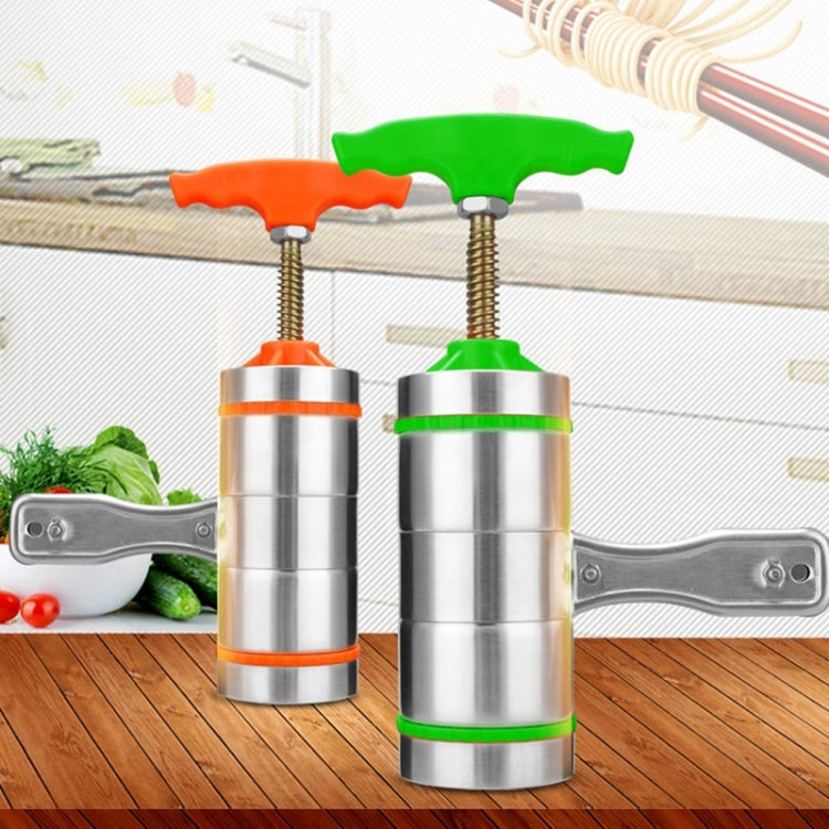 Handheld noodle press machine, stainless steel cylinder with green and orange handles