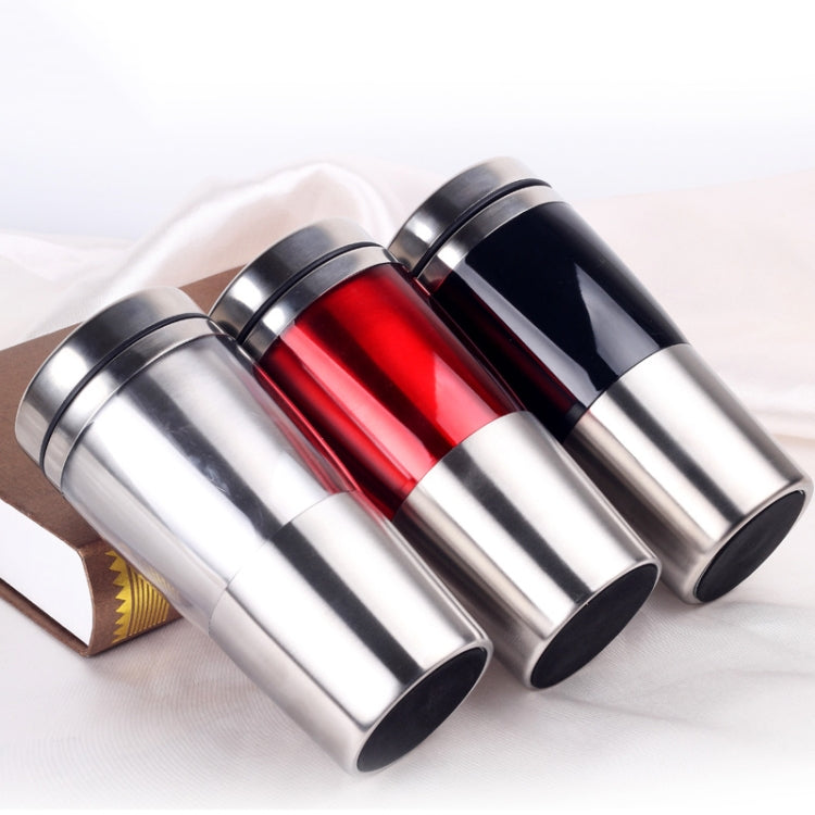 Double-insulated stainless steel travel mugs, red and black with silver bands