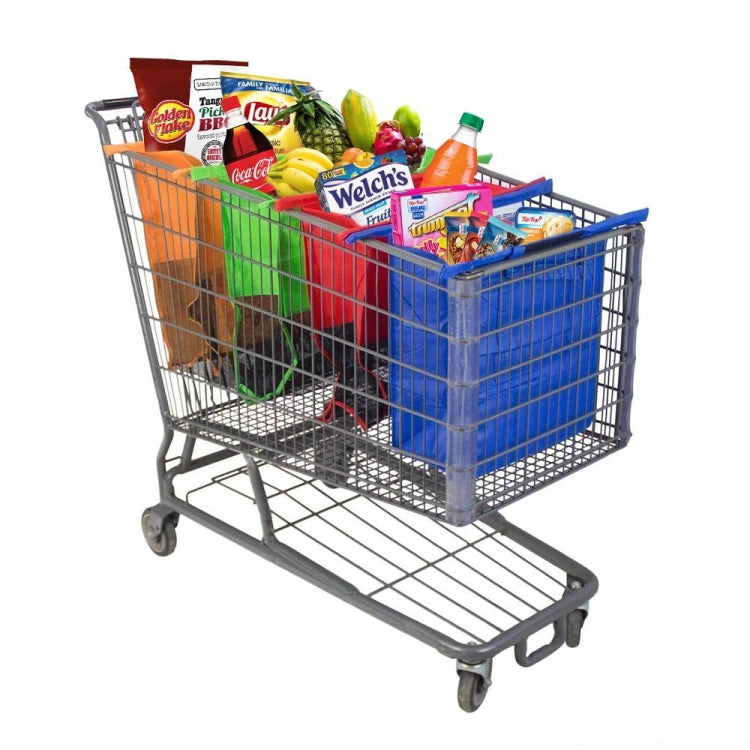 Shopping trolley bags set on cart, multicolor non-woven totes with groceries