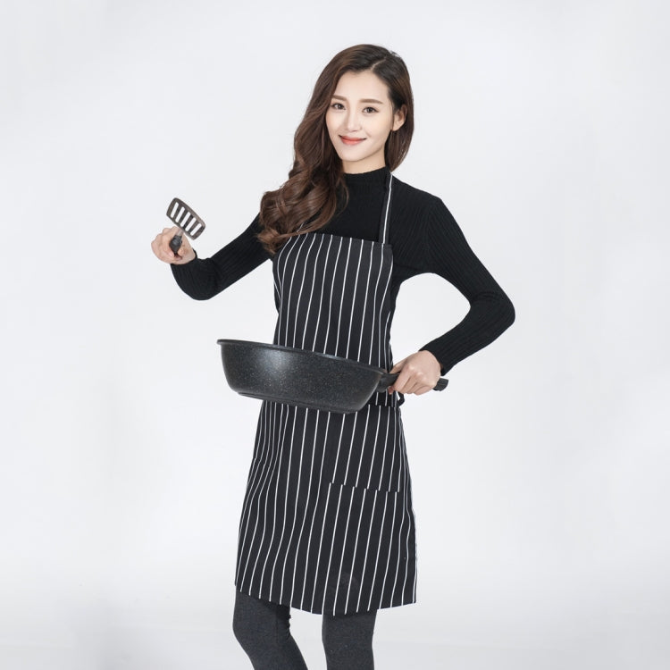 Black-and-white striped apron with waist tie, front pocket, and curved neckline strap