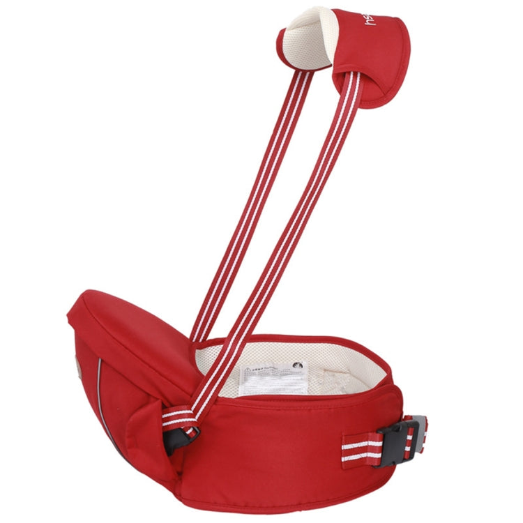 Red baby carrier with hip seat, padded head support, reflective striped straps