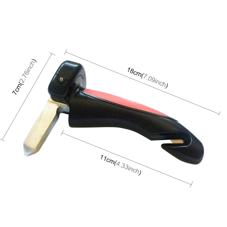 Car escape tool, red handle and black head with metal glass-breaker and size marks