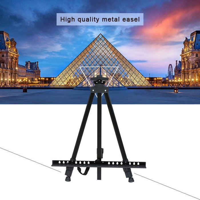 Black metal tripod easel with top clamp and wide base crossbar for display boards