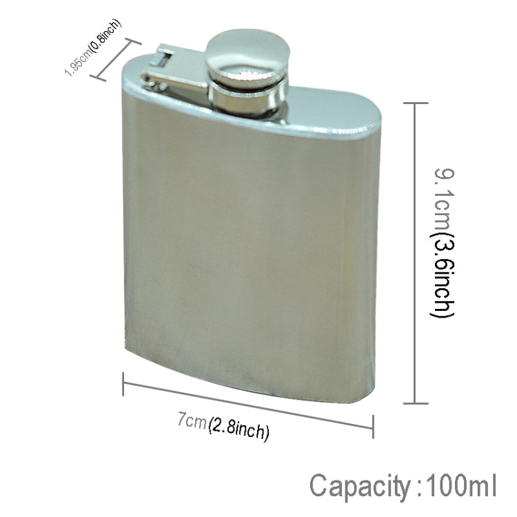 Silver 100ml pocket flask, 7cm wide and 9.1cm high, screw cap