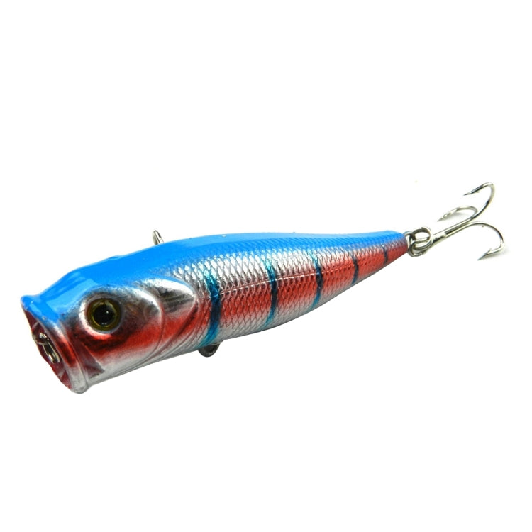 Blue-red plastic popper lure with treble hooks, 9 cm