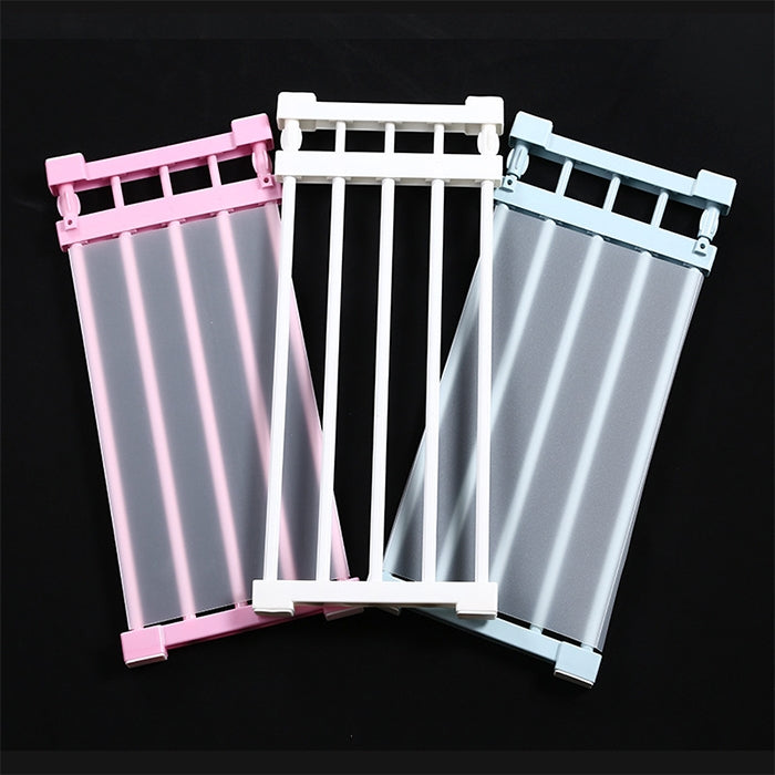 Expandable cabinet shelf partition set with white frame, silver metal slats, assorted color bases.