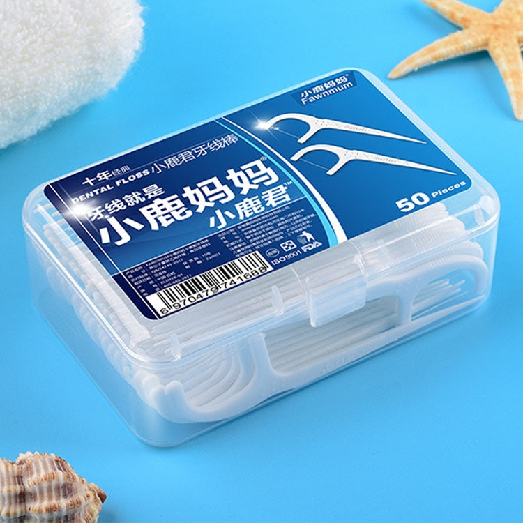 Clear plastic box of dental floss toothpick rods, 50 pieces