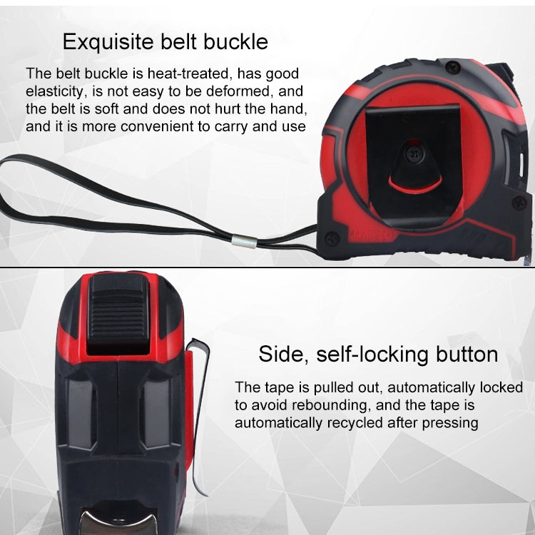 Retractable tape measure with belt strap, side button, and red/black case