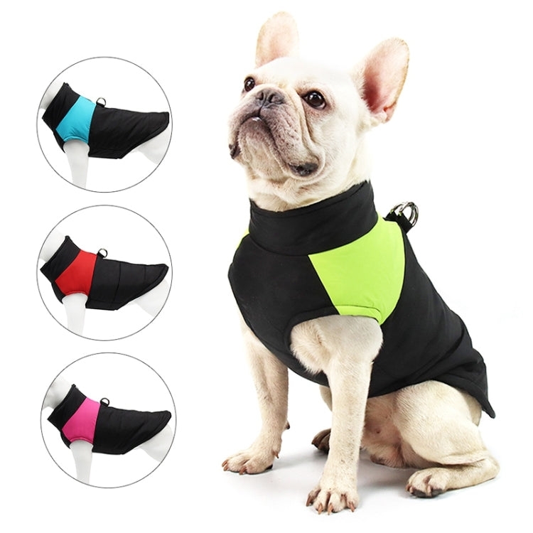 Dog ski suit vest in black and neon green with D-ring leash attachment