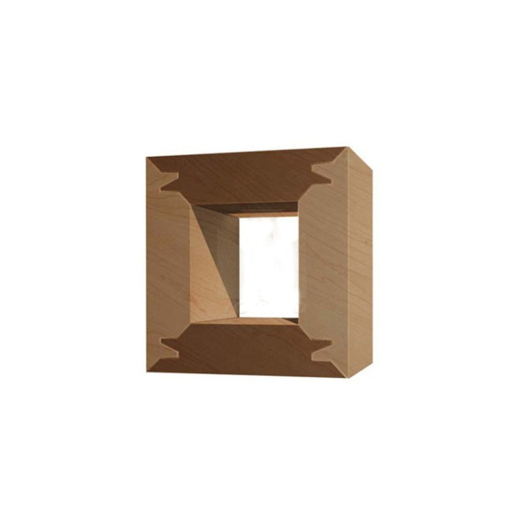 Square wood tenon joint sample with mortises on four sides, box-like fit