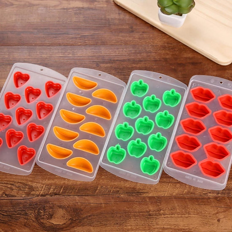 Silicone ice cube tray set with red and green heart molds and orange oval molds