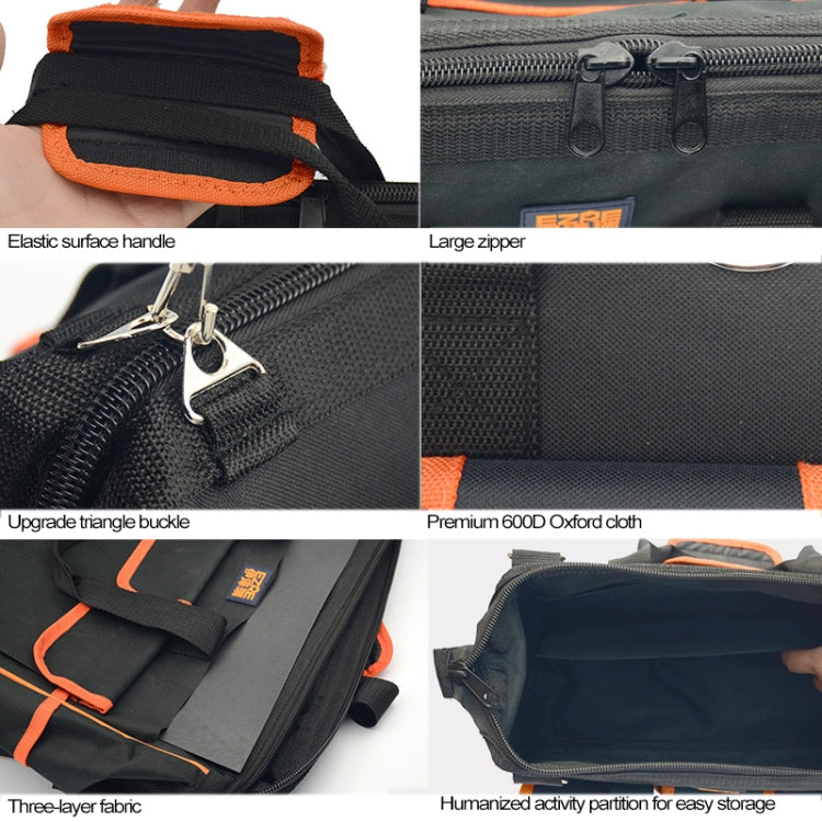 Black tool bag features elastic handle, large zipper, triangle buckle, and layered fabric