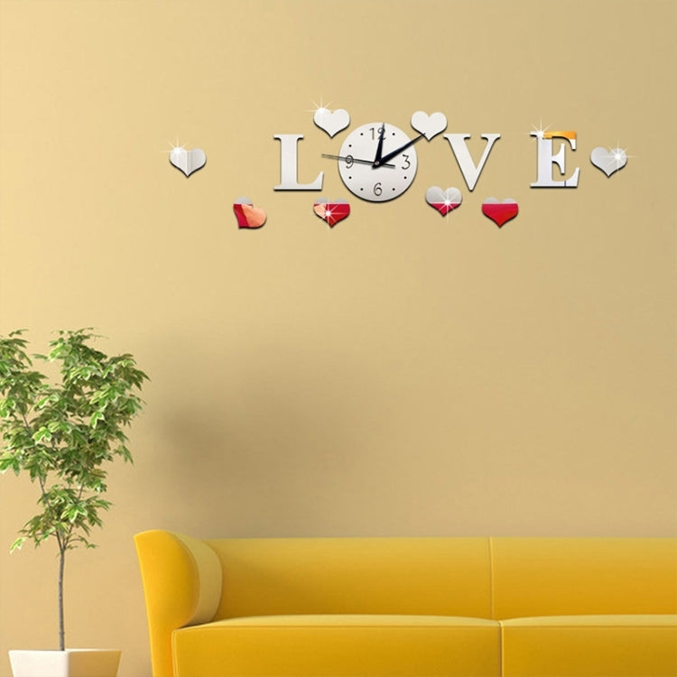 White acrylic LOVE clock wall sticker with white clock face and red heart details