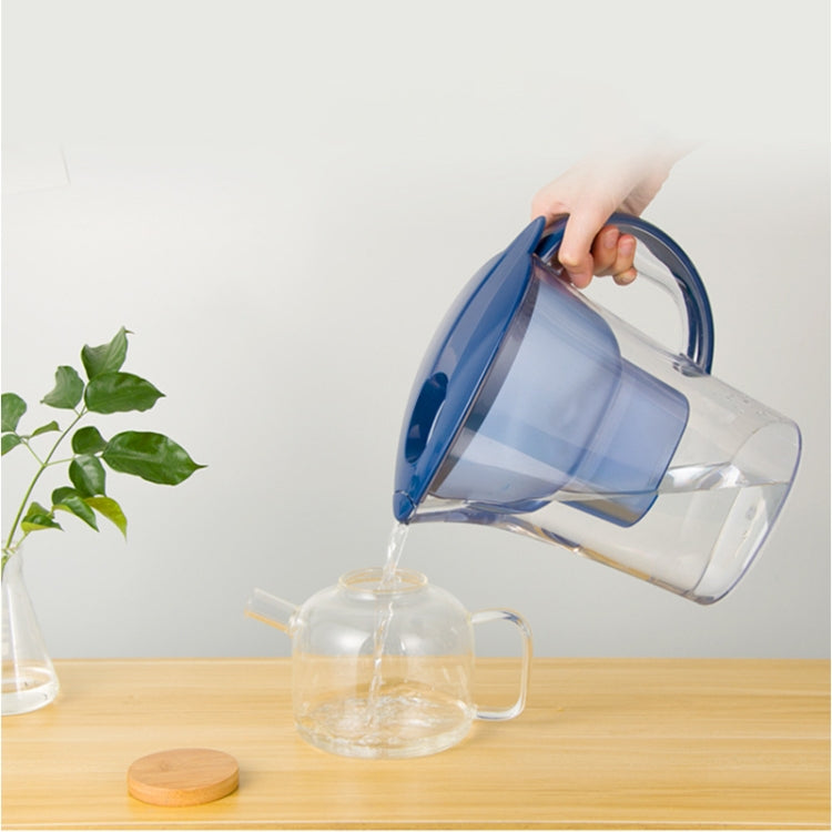 Blue water filter pitcher being poured into a clear glass cup