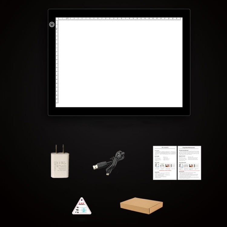 Acrylic LED lightbox kit with adapter, USB cable, instruction cards, and box