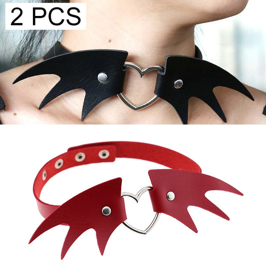 Black demon wing leather choker necklace with heart-shaped metal clasp and rivets