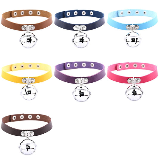 Studded leather choker necklaces with round bell pendants, assorted color set
