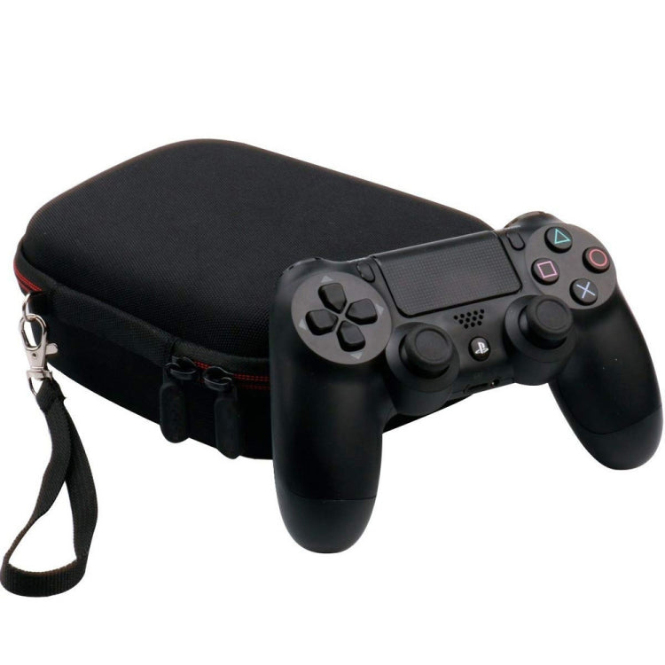 Closed nylon controller storage bag with wrist strap and controller inside, dark gray.