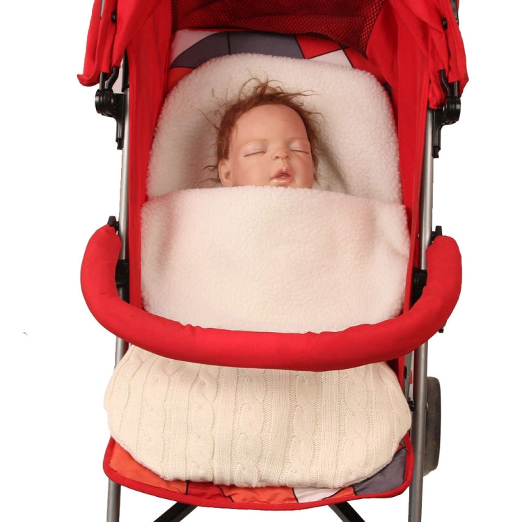 Newborn swaddle sleeping bag with white fleece hood and white knit wrap