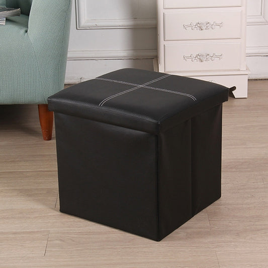 Black PU leather foldable storage stool with padded top and stitched cross design
