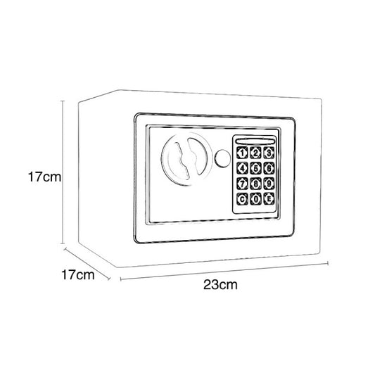 Electronic lock box size diagram showing keypad front, 23 by 17 cm
