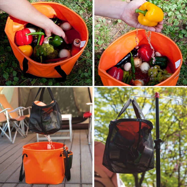 Orange folding drain basket filled with vegetables, outdoors on grass and patio.